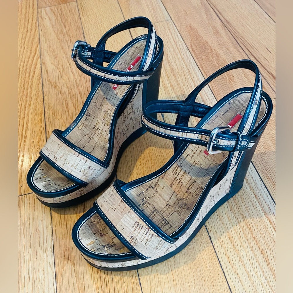 Prada Black and Natural Cork Wedge Sandals - Picture 16 of 16